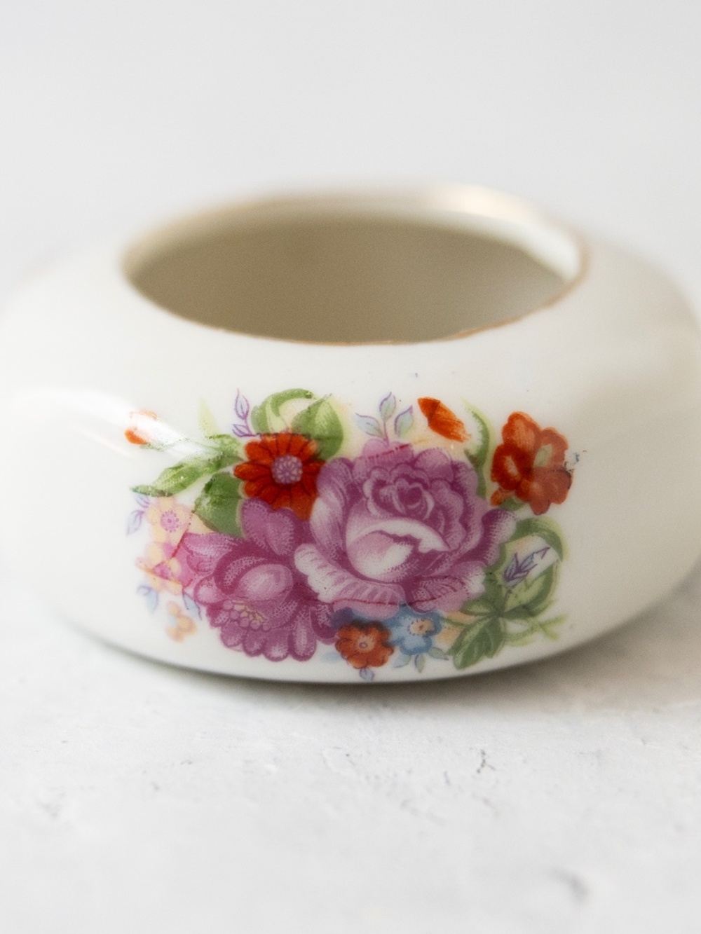 Vintage porcelain ceramic octagonal floral dish with round opening 2.75" wide